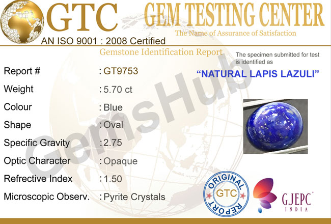 5.70 ct Natural Certified Lapis Lazuli (Lajwart)